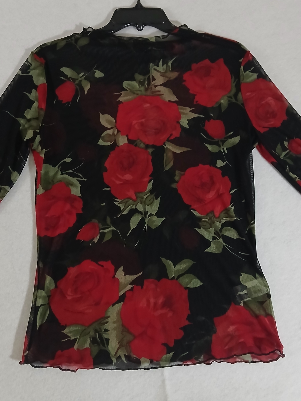 Floral Mesh Long Sleeve Top - Red Rose Print